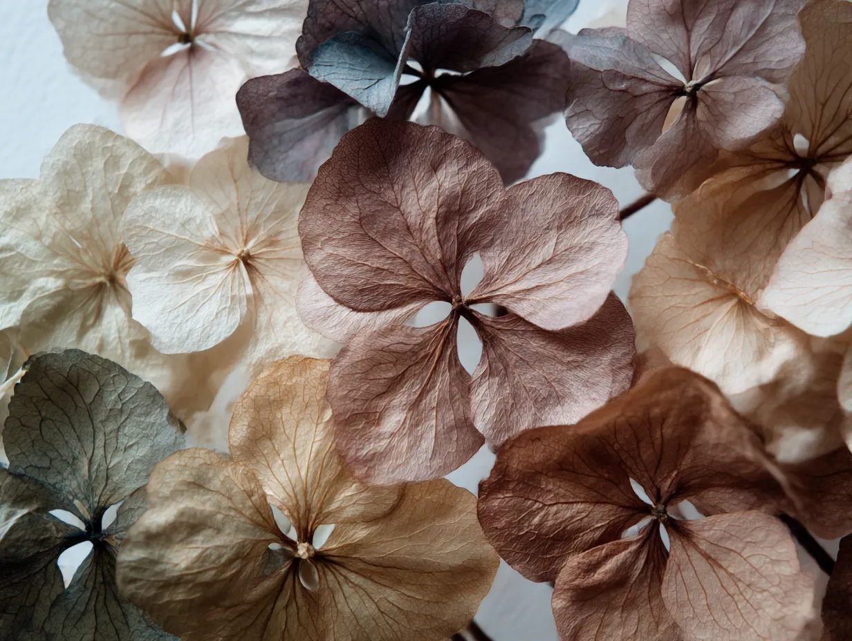 乾燥したあじさいの花びらの写真｜乾燥したあじさいの花びらが美しく並んでいる様子を捉えた写真。色褪せた花びらに漂う儚さと優雅さが表現されています。時間を超えてもなお美しさを保っているその姿は感動的です。