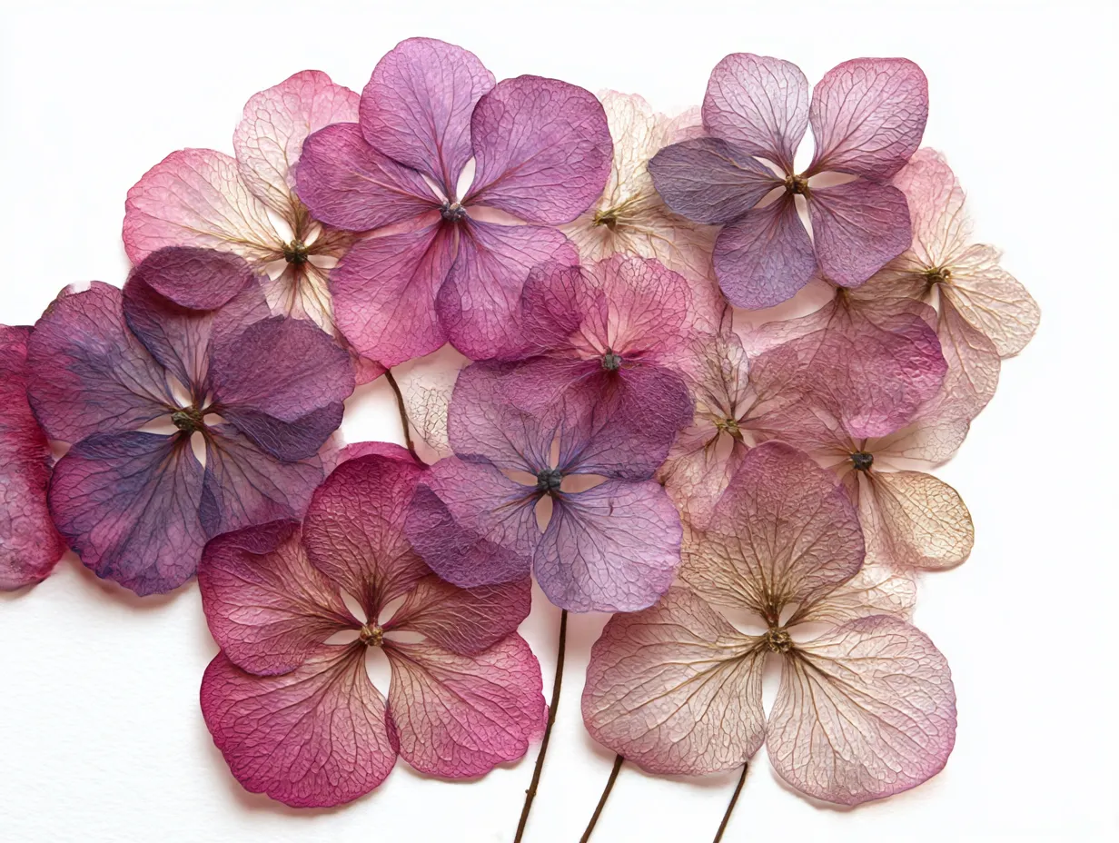 色合い豊かなあじさいの花びらの写真｜色とりどりのあじさいの花びらが、豊かな色合いを持って自然の中で並べられた様子が印象的な写真。花びらに見られる微細な色の移ろいが、見ている人々に自然の変化を感じさせます。