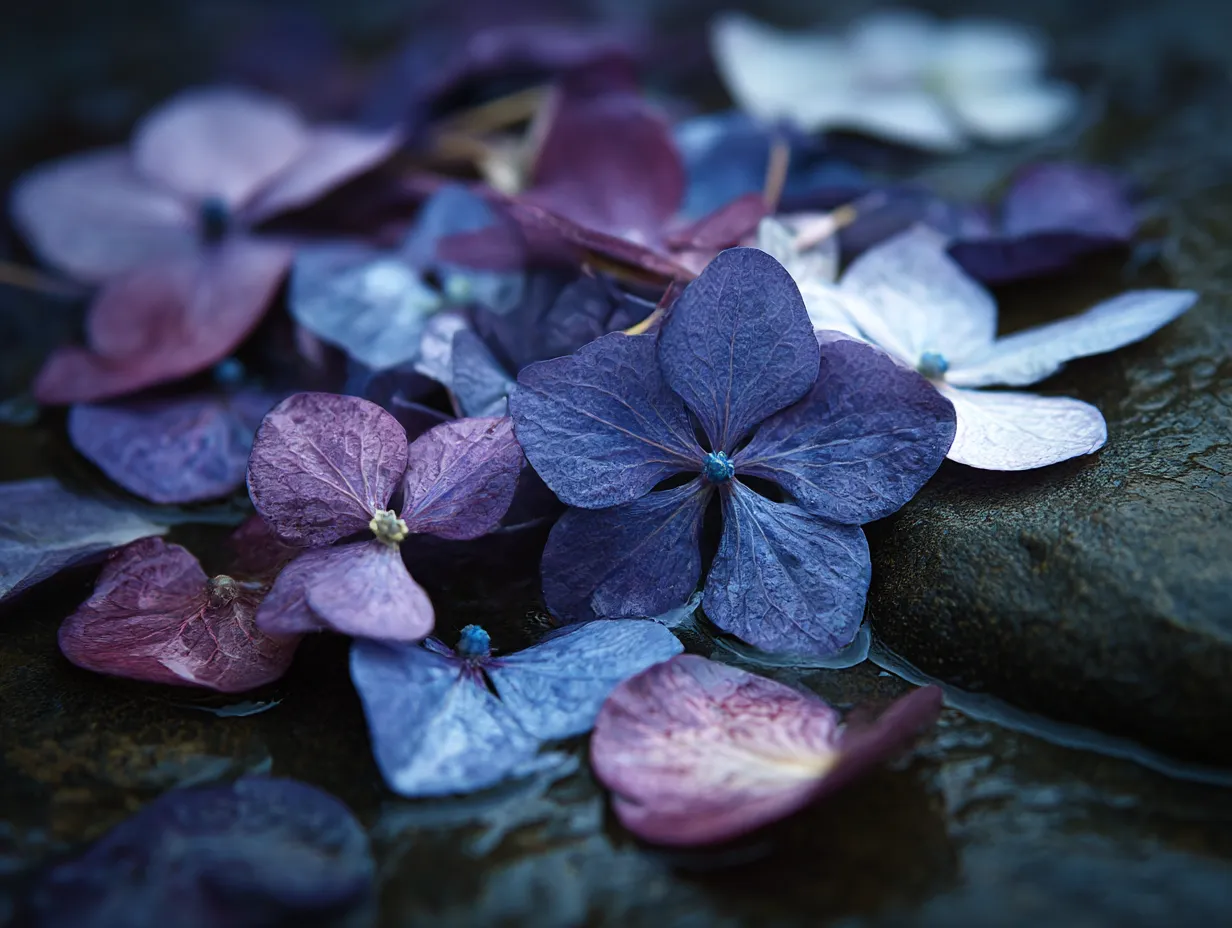 石の上に散りばめられたあじさいの花びらの写真｜石の上に散りばめられたあじさいの花びらが幻想的な雰囲気を醸し出しています。花びらと石の間に生まれるコントラストが美しく、しっとりとした印象を与えます。