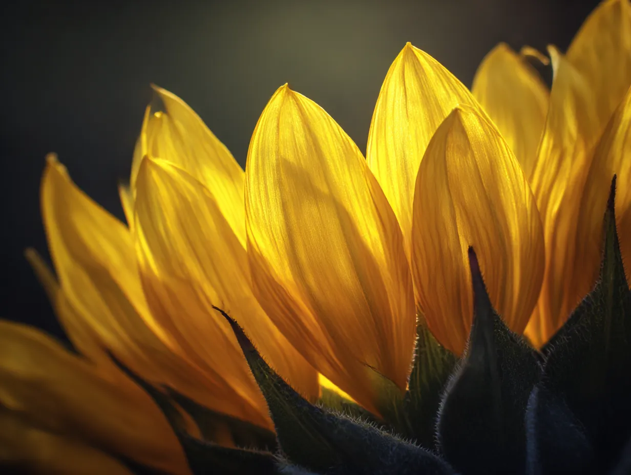 ひまわりの花びらの輪郭を強調した写真｜ひまわりの花びらが際立つように光が当たった写真です。輪郭がくっきりと強調され、花びらの細かなディテールが際立っています。ひまわりの花びらの力強さとともに、その細部に宿る美しさも感じることができます。