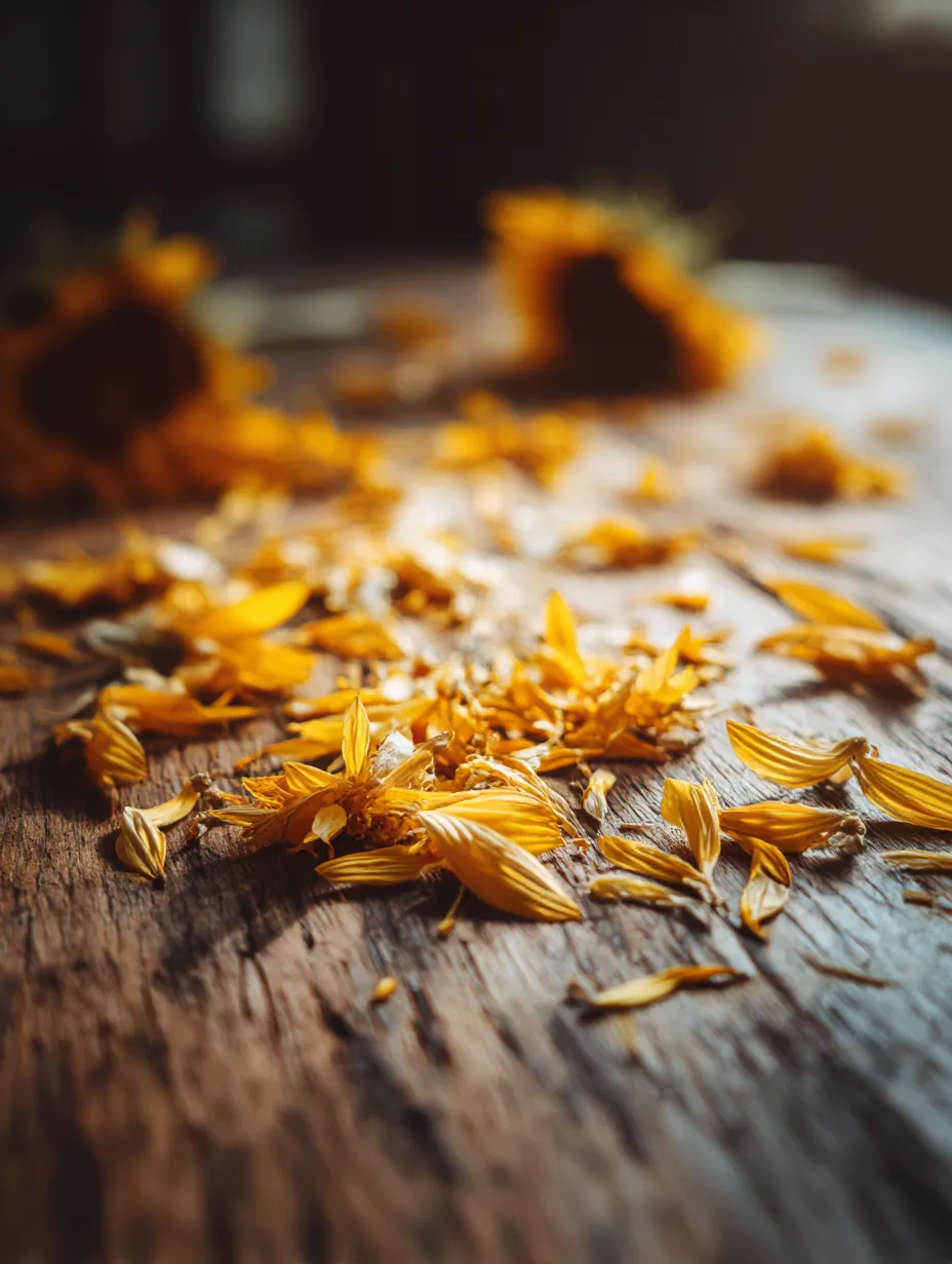 散らばったひまわりの花びらの写真｜ひまわりの花びらが散りばめられた様子を捉えた写真。風に散らされた花びらが木の板に落ちており、ひまわりの花びらの儚さを感じさせます。自然が生み出す美しさを感じることができる一枚です。