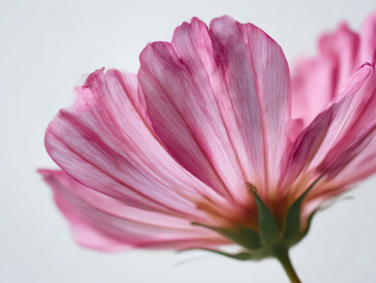 コスモスの花びらの美しい写真｜柔らかなピンク色のコスモスの花びらが、繊細で美しく撮影された一枚。光の当たり具合が花びらのしなやかさを引き立て、コスモスの花びらの透明感と柔らかさを感じさせる写真です。