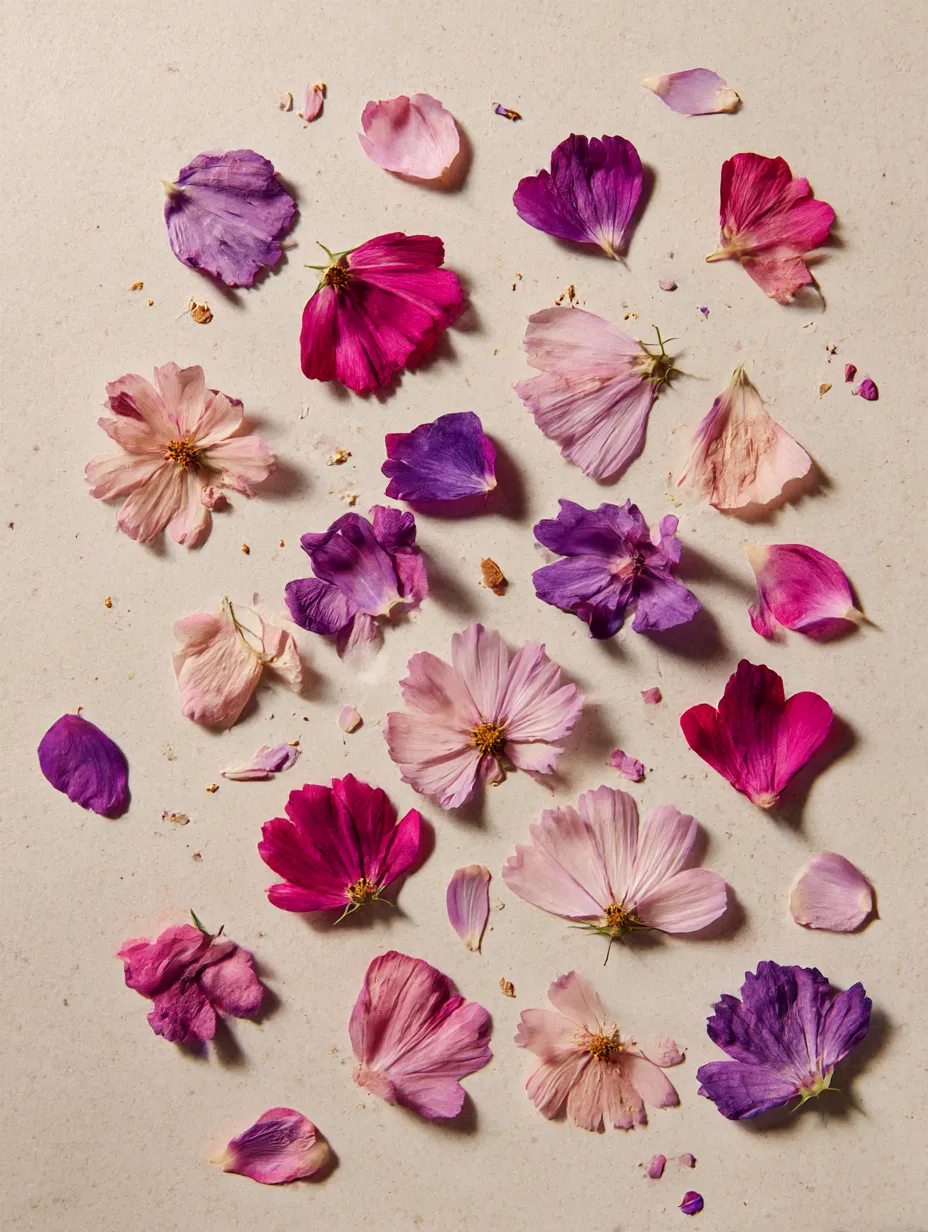 コスモスの花びらの散らばった写真｜コスモスの花びらが無造作に散らばった様子を捉えた写真。色とりどりの花びらが混ざり合い、自然の美しさをそのまま表現しています。このコスモスの花びらは、その儚さと豊かな色合いが際立っています。