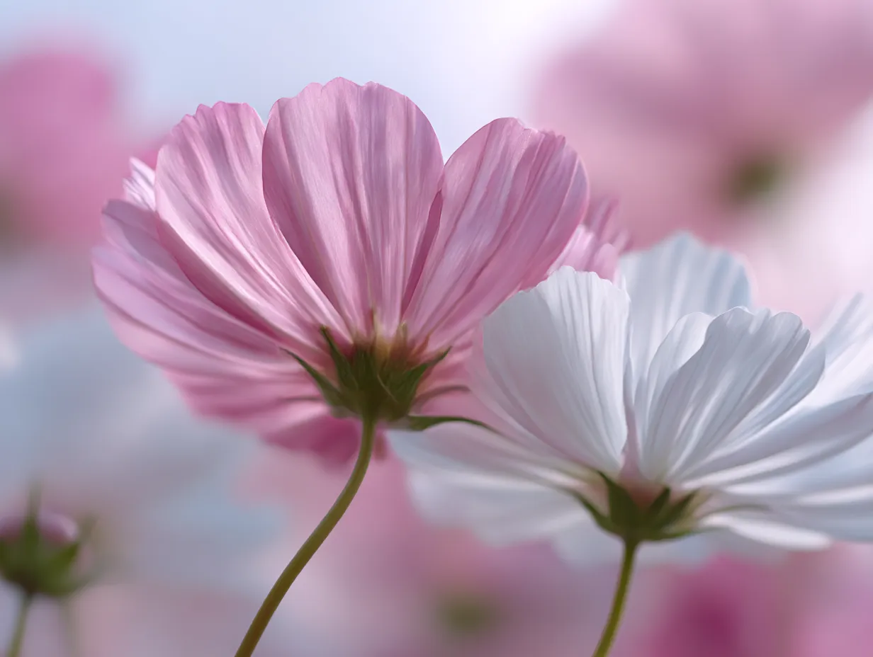 コスモスの花びらと背景の写真｜コスモスの花びらが軽やかに舞うように撮影された写真。背景がぼけており、花びらの細部が美しく浮かび上がり、コスモスの花びらの透明感が伝わってきます。柔らかな光の中で撮られた一枚です。