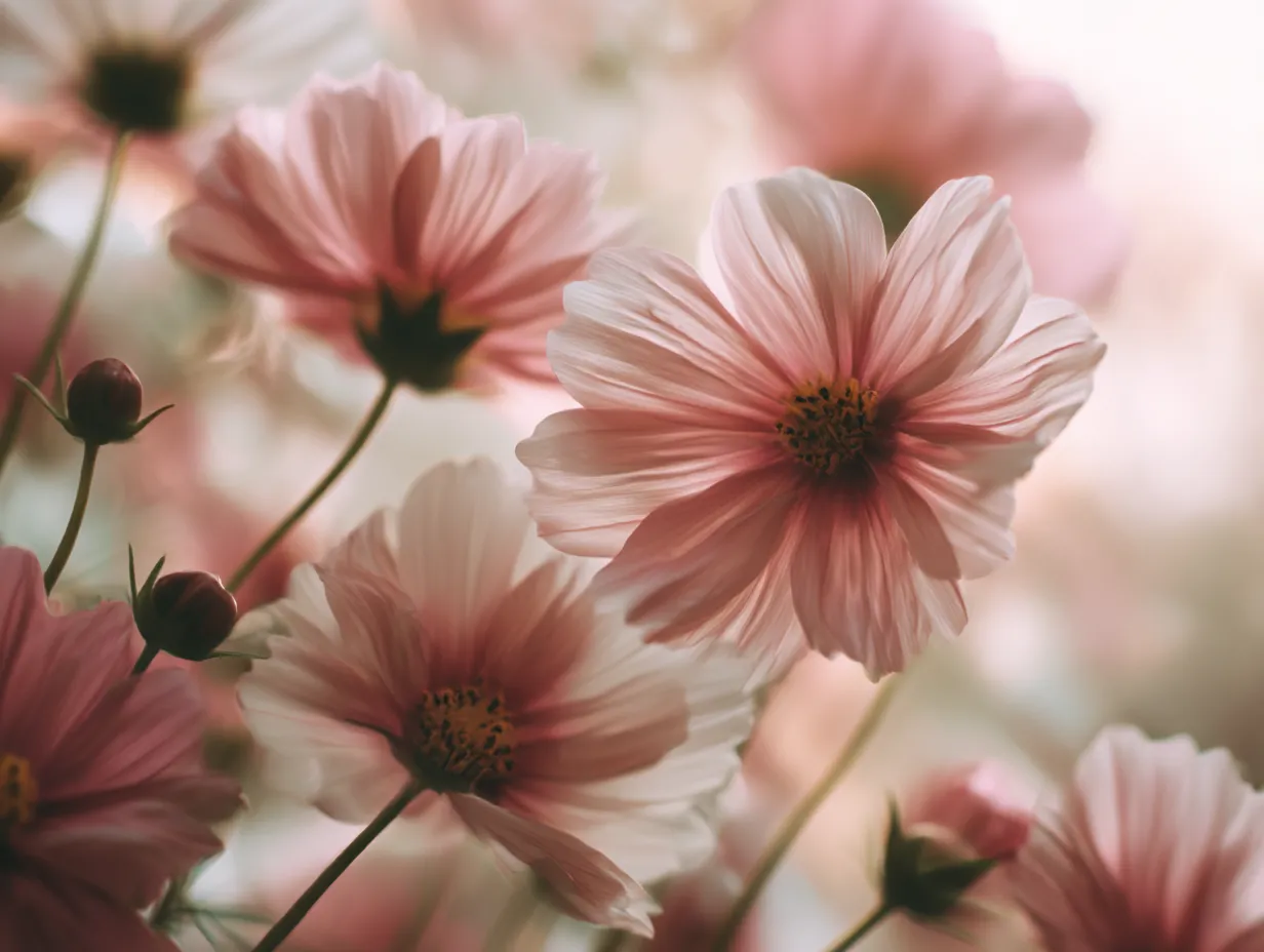 コスモスの花びらが群生する写真｜数本のコスモスの花が群生し、その花びらが風に揺れている様子が美しく表現された写真。花びらの微細なディテールと色合いが豊かに映し出され、コスモスの花びらの魅力を感じさせてくれます。