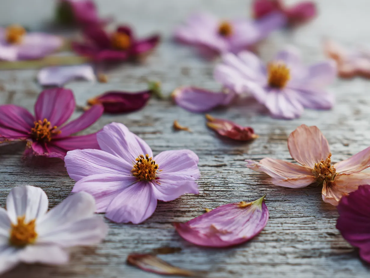 コスモスの花びらの散りばめられた写真｜コスモスの花びらが木の板に散りばめられ、落ち着いた色合いが漂う写真。柔らかな光の中で、花びらの優雅さと儚さが共に感じられ、自然の美しさを静かに表現しています。
