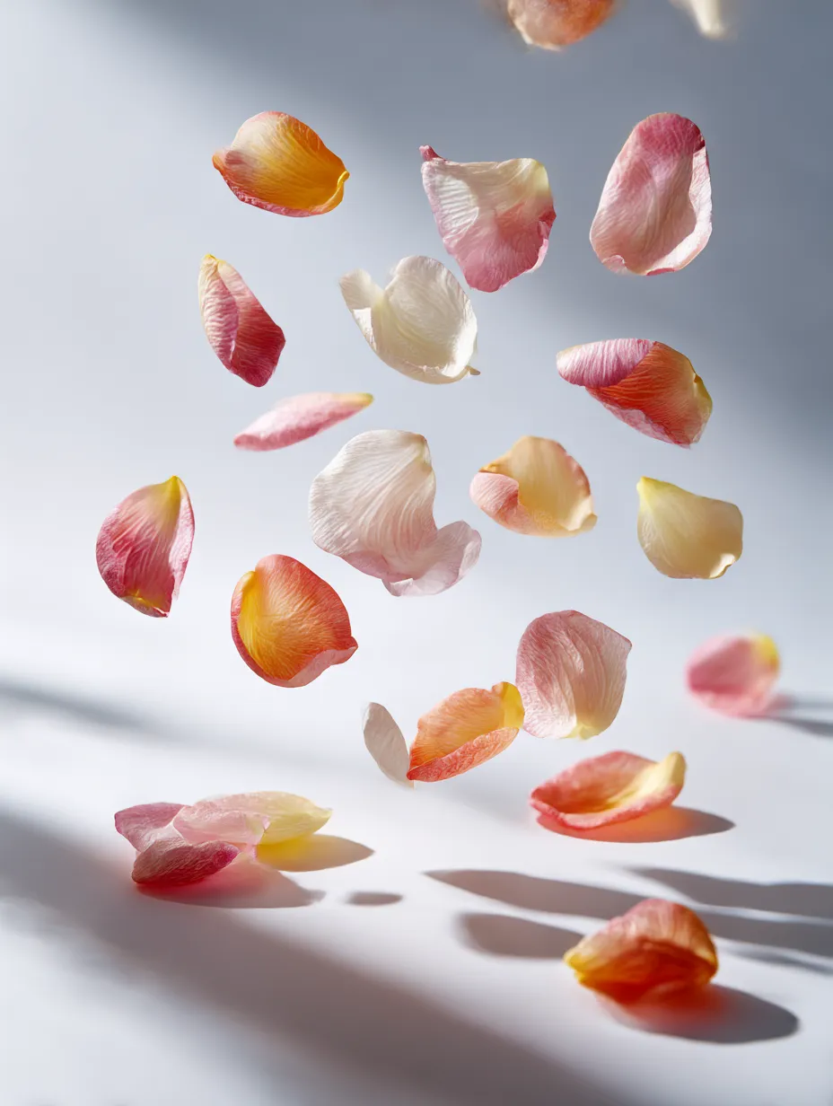 チューリップの花びらが舞い散る写真｜柔らかな色合いのチューリップの花びらが空中に浮かぶ瞬間を捉えた写真。花びらが一枚一枚空中に舞う様子が、軽やかな美しさを表現しています。自然の風に任せたような、しなやかで優雅な一場面が描かれています。