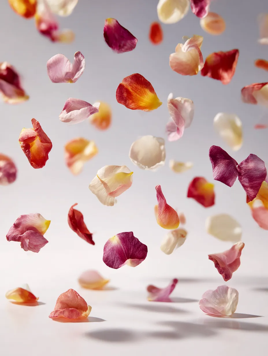 色とりどりのチューリップの花びら写真｜様々な色のチューリップの花びらが空中に舞っている姿が、動きと柔らかさを感じさせます。優雅に舞い散る花びらの一つ一つが、カラフルで美しいバランスを作り出し、チューリップの花びらの儚さと美しさを強調しています。