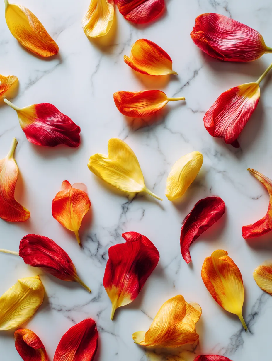 色鮮やかなチューリップの花びら写真｜鮮やかな色のチューリップの花びらが豪華に並べられ、背景の大理石と調和しています。鮮やかな赤と黄色が印象的で、花びらの繊細さが感じられます。チューリップの花びらの美しさを、シンプルながら贅沢に表現した一枚です。