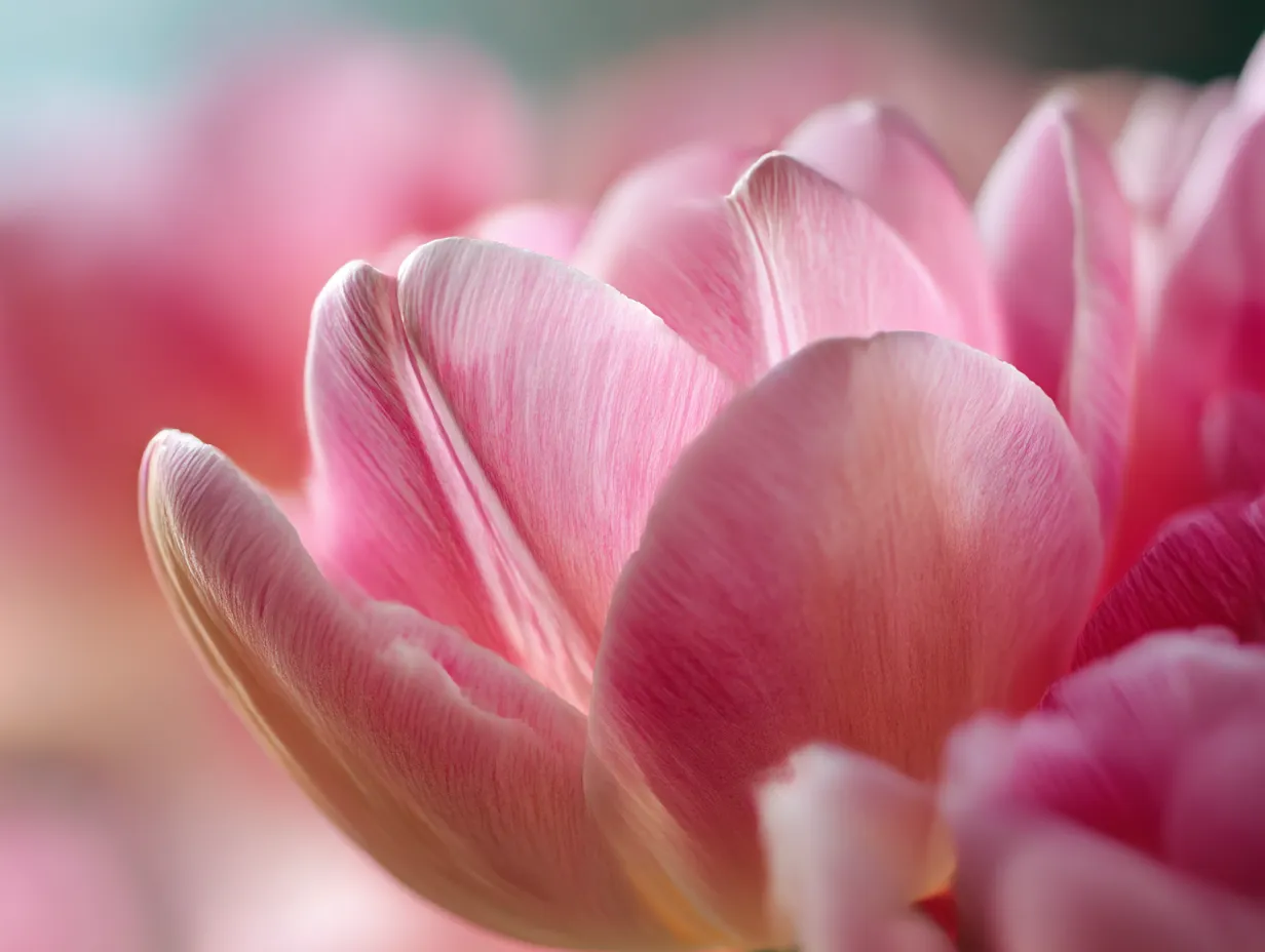 ピンクのチューリップの花びらの写真｜柔らかいピンク色のチューリップの花びらがクローズアップされた写真。花びらが重なり合う部分の微細なラインが光によって浮かび上がり、繊細で優雅な雰囲気を生み出しています。チューリップの花びらの奥深さと優しさを感じさせる一枚です。