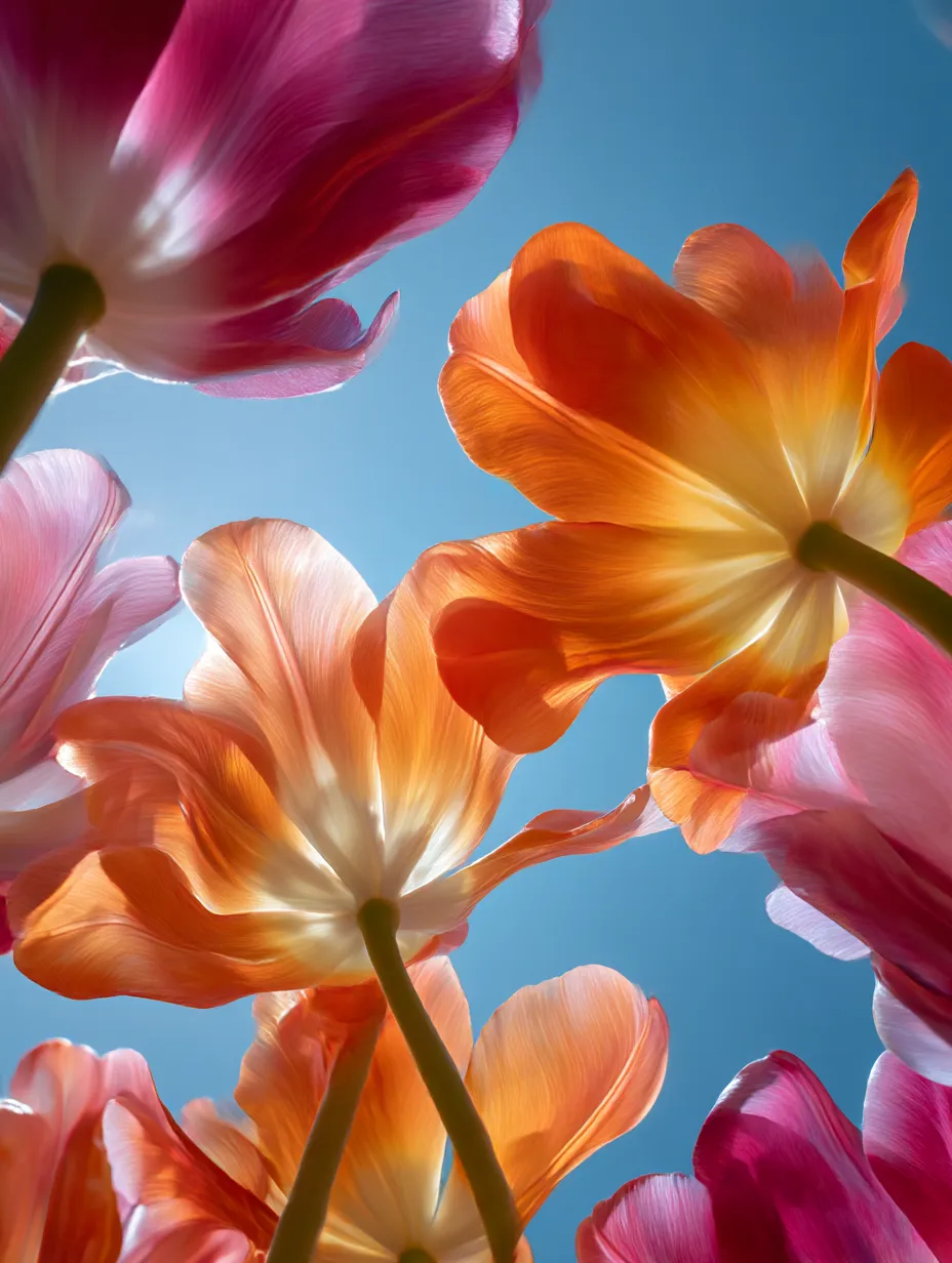 青空の下のチューリップの花びら写真｜青空の下で鮮やかな色のチューリップの花びらが太陽光を浴びて輝いている美しい写真。花びらの繊細な形と柔らかな色合いが空の青さと相まって、生命力に満ちたエネルギッシュな美しさを表現しています。