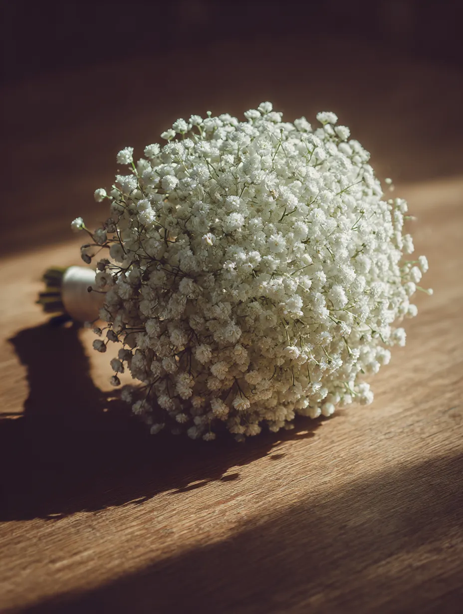 かすみ草の花束の光と影の写真｜温かい光に照らされたかすみ草の花束が、柔らかな影を落としています。小さな花々が集まり、ふわっとした雰囲気を演出し、シンプルでありながら優雅な雰囲気を持つ一枚です。