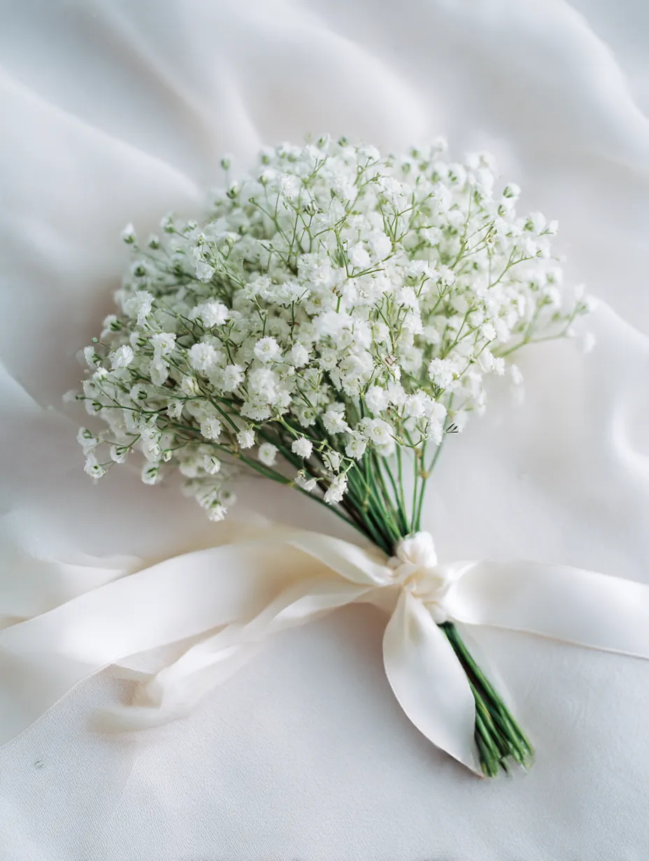 かすみ草の花束のリボン付き写真｜柔らかな布の上にリボンで束ねられたかすみ草の花束が、上品で清楚な印象を与えます。白いリボンが花束のシンプルさを引き立て、優雅で清潔感のある美しさを感じさせます。
