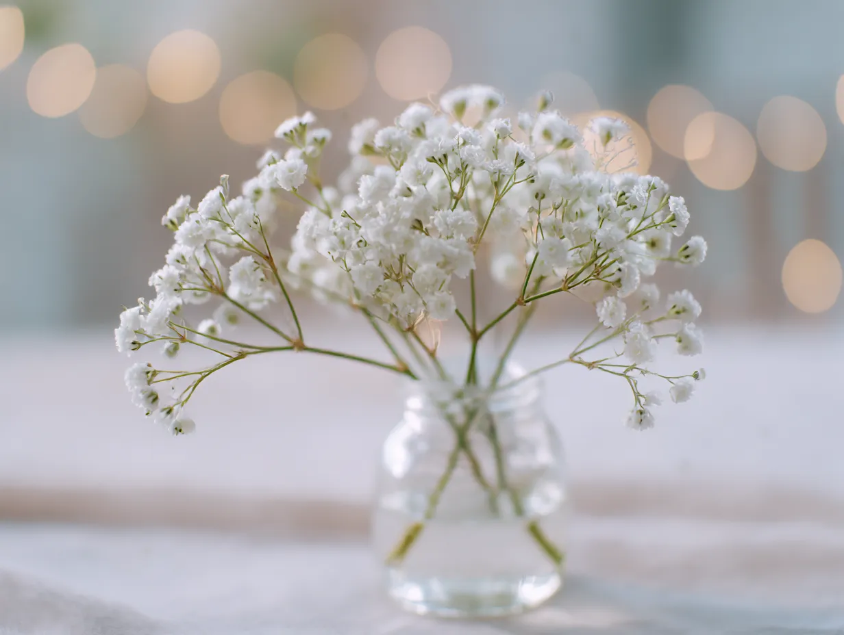 かすみ草の花束の瓶に飾られた写真｜かすみ草の花束が小さなガラスの瓶に飾られ、柔らかな光に包まれています。花束の清らかな白い花が、空間に穏やかな雰囲気を与え、リラックスした気持ちにさせる一枚です。