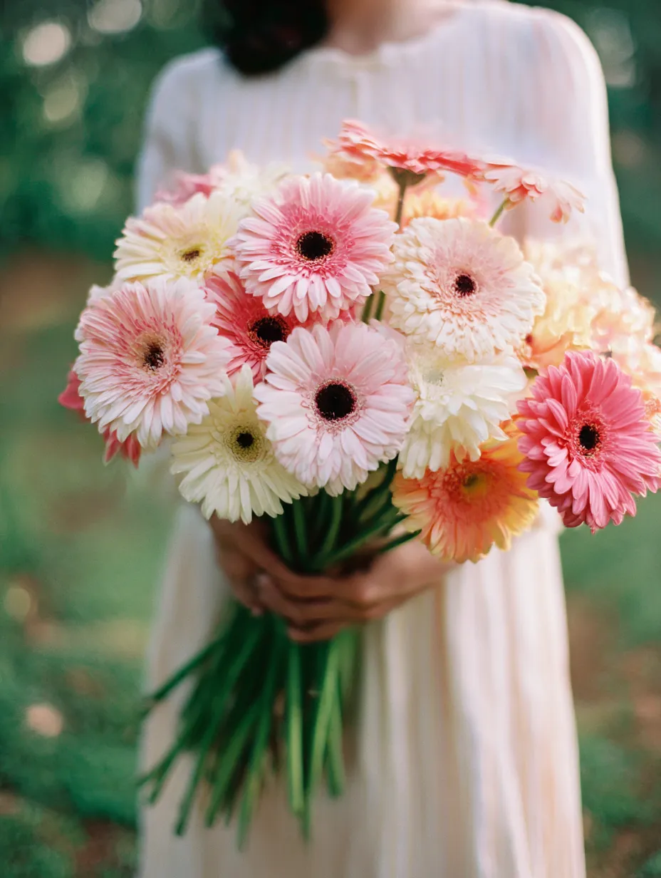 ガーベラの花束を持つ女性の写真｜優しいピンクとホワイトのガーベラの花束を持った女性が、自然の中で穏やかな雰囲気を漂わせています。柔らかな光が花の美しさを引き立て、優雅で落ち着いた印象を与える一枚です。ガーベラの花束は、シンプルでありながら心温まる魅力を持っています。