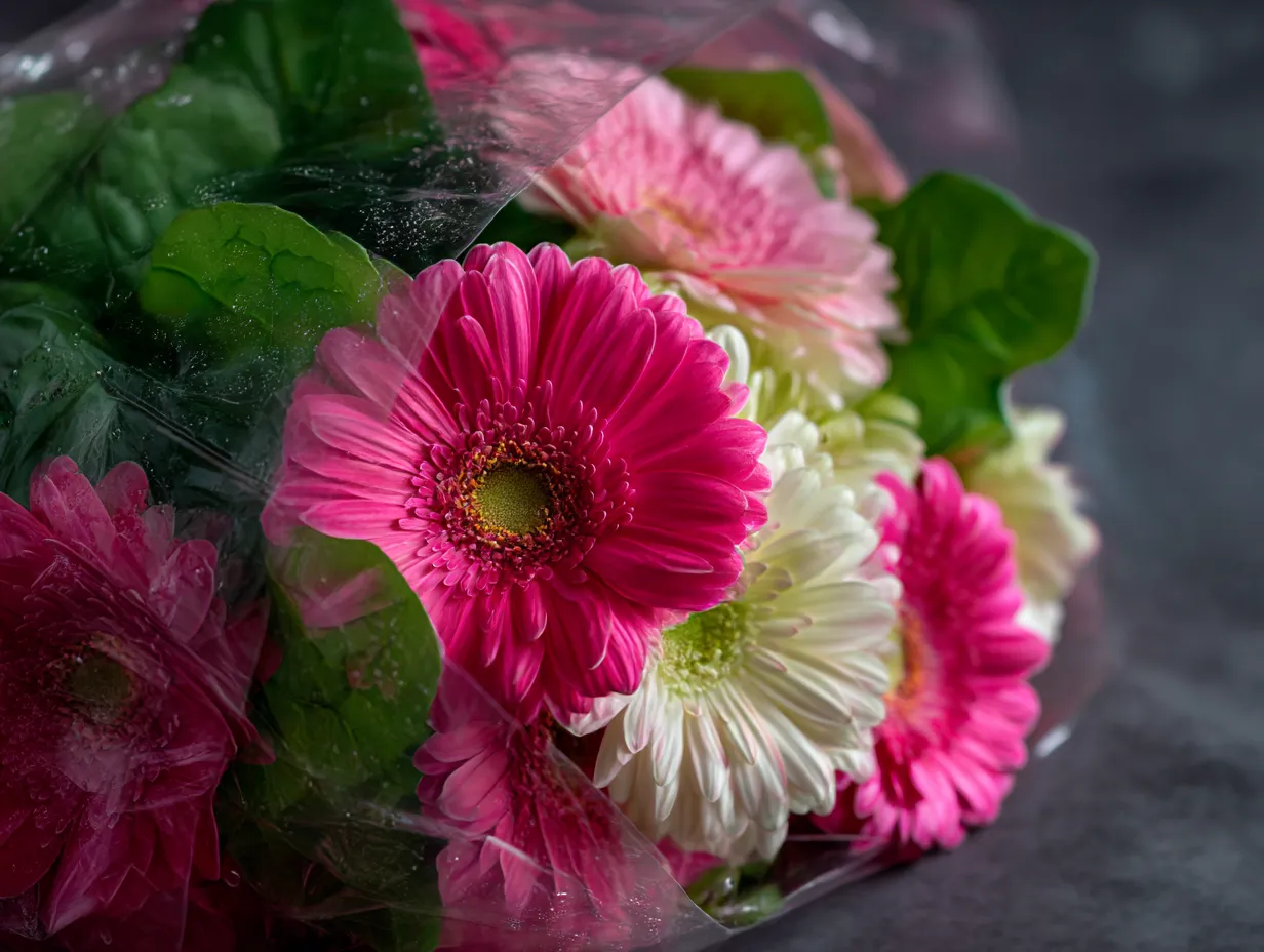 ガーベラの花束の袋詰め写真｜透明な袋に包まれた鮮やかなピンク色のガーベラの花束が、フレッシュでフローラルな印象を与えています。水滴がついていることで、花が新鮮で生き生きとした状態であることを強調しており、ガーベラの花束が持つ自然の美しさを感じさせます。