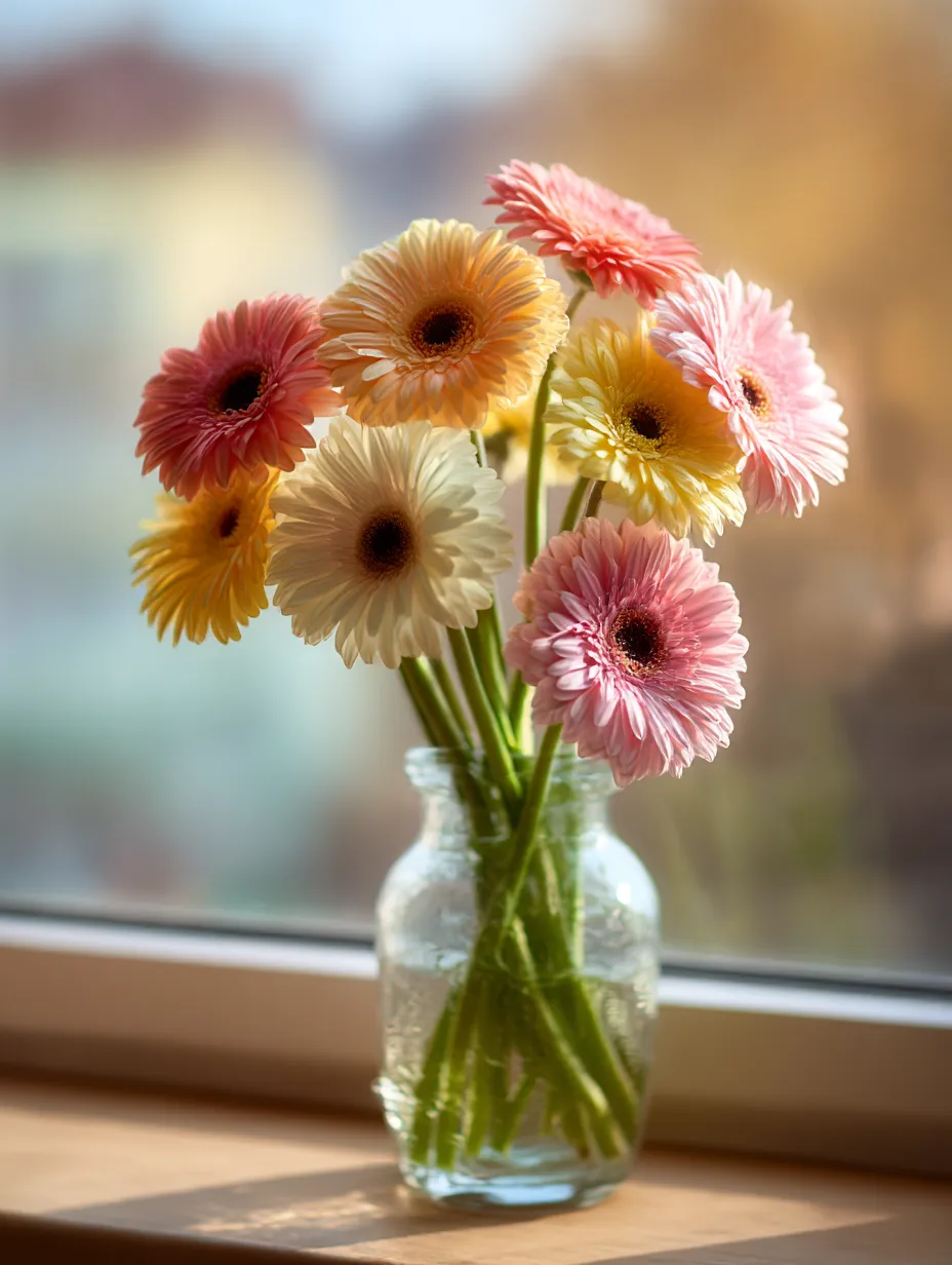 ガーベラの花束の窓辺の写真｜ガーベラの花束が透明な瓶に飾られ、窓からの柔らかな日差しを浴びています。鮮やかなピンクとイエローの花々が優しく光を反射し、春らしい爽やかな雰囲気を感じさせる一枚です。ガーベラの花束が持つ幸福感と穏やかさが表現されています。