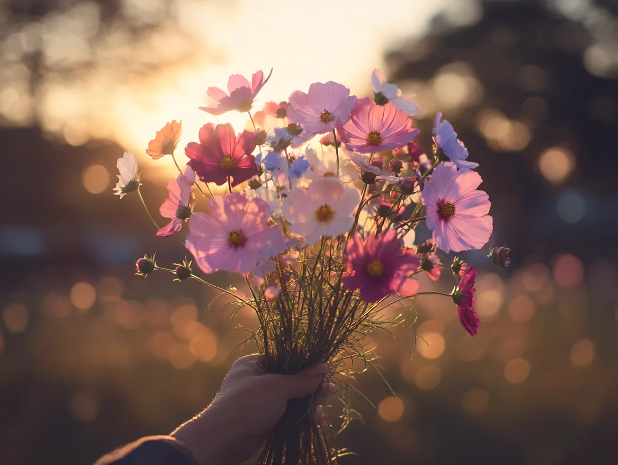コスモスの花束を持つ写真｜夕日を背景にコスモスの花束が温かい光に包まれています。ピンクや白の花々が優しく浮かび上がり、幻想的な雰囲気を作り出しています。コスモスの花束は、秋の美しい自然の色を感じさせる一枚です。