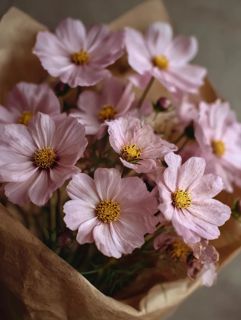 コスモスの花束の袋入り写真｜透明な袋に包まれたコスモスの花束が、花びらの美しさと新鮮さを強調しています。ピンク色の花々がぎっしり詰まっており、シンプルでありながらも華やかな印象を与える一枚です。コスモスの花束の魅力が感じられます。