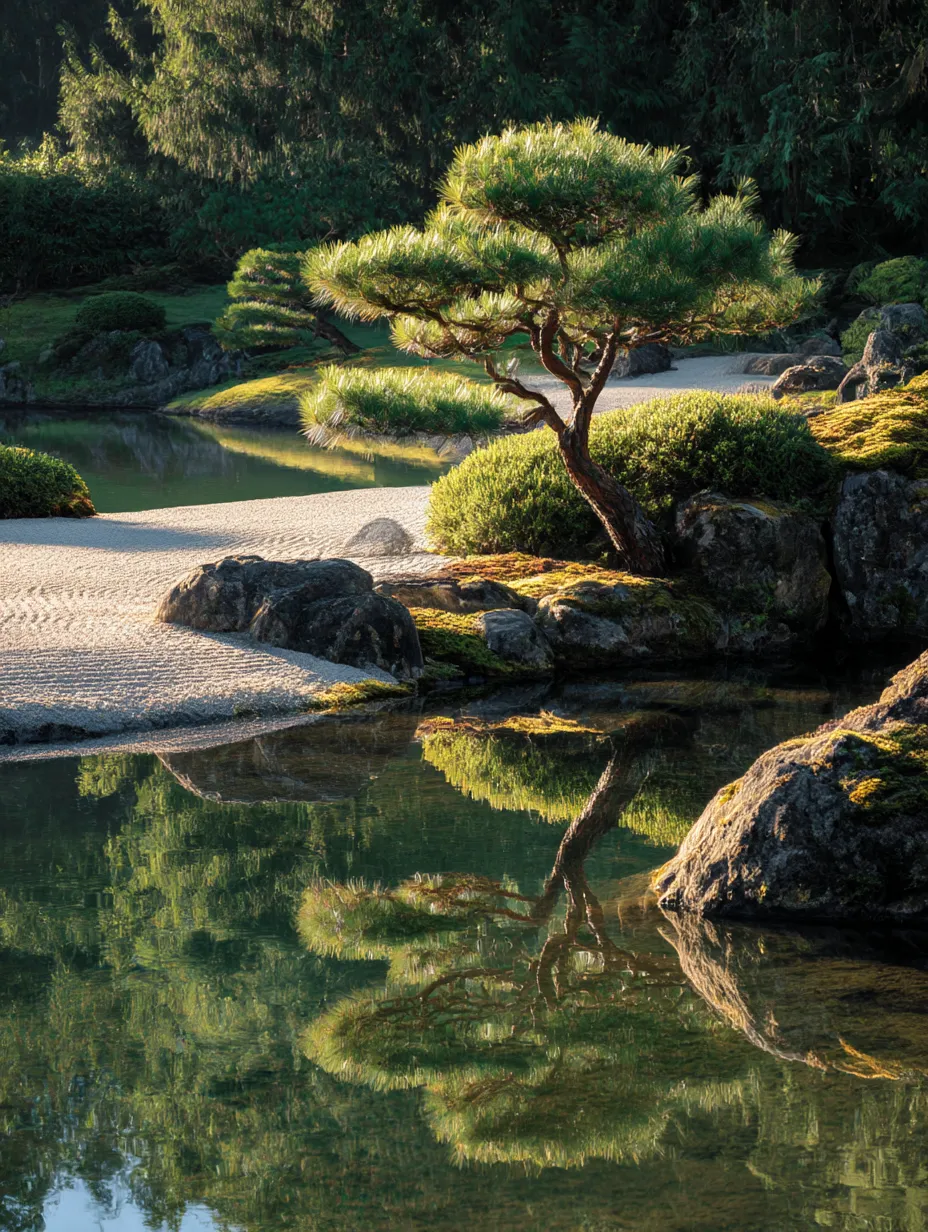 松の木：写真3｜池のほとりに佇む松の木が、優雅にその姿を映し出す風景。静かな水面に反射した松の木が、穏やかな時間の流れを感じさせる。日本の伝統的な美しさが表現された一枚です。