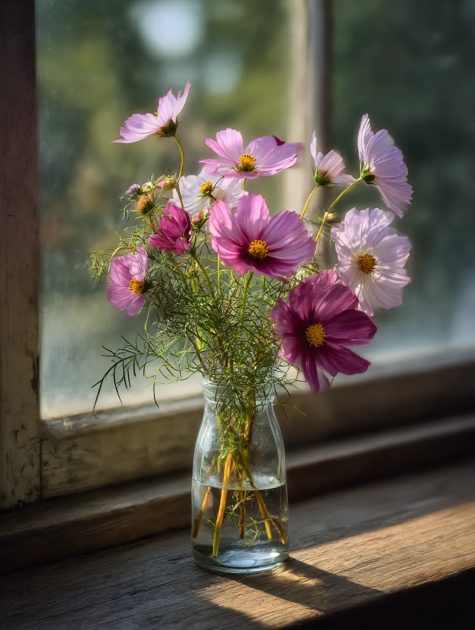 コスモスの花束の窓辺の写真｜窓際に飾られたコスモスの花束が、柔らかな日差しを浴びて美しく光ります。花々の柔らかな色合いが、穏やかな温かみを感じさせ、コスモスの花束が持つ平和で落ち着いた雰囲気を表現しています。