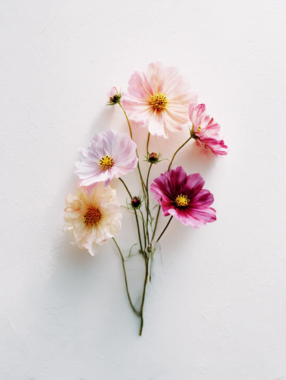 コスモスの花束のシンプルな写真｜白い壁に飾られたコスモスの花束が、シンプルなデザインで美しさを際立たせています。ピンクや白の花々が一緒に並び、コスモスの花束の自然で素朴な魅力が感じられる一枚です。