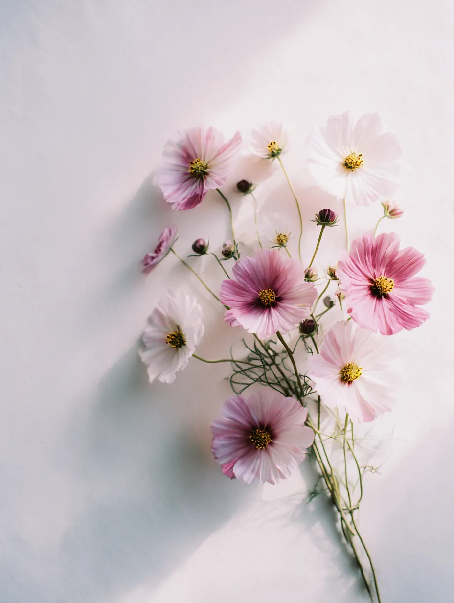 コスモスの花束の写真｜ピンクと白のコスモスの花束がシンプルに配置されています。柔らかな光に包まれ、花びらの微妙なグラデーションが美しく際立ちます。コスモスの花束が持つ優しさと穏やかさが感じられる一枚です。