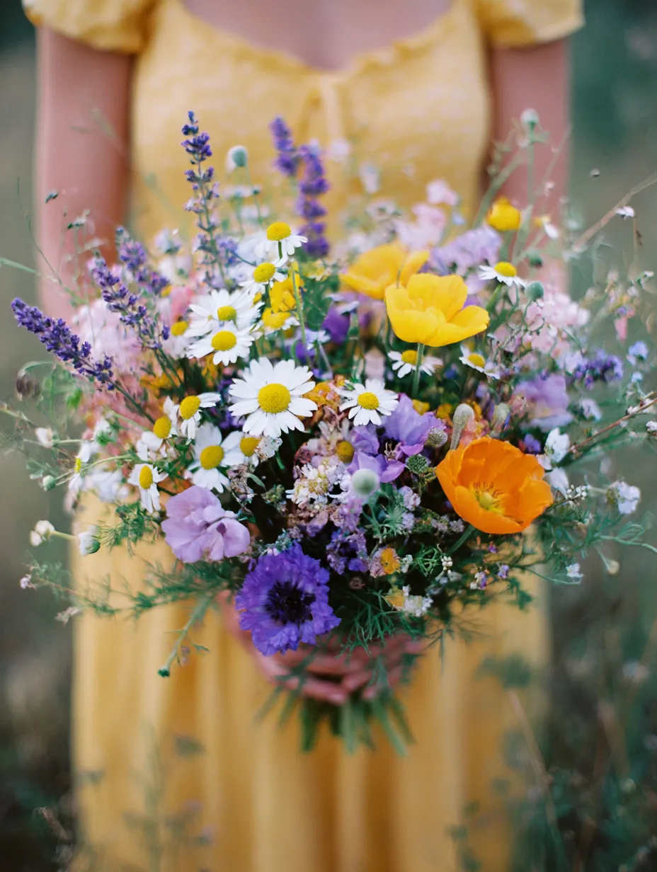 色とりどりの花束の写真｜鮮やかな色合いの花々が束ねられたブーケが、手に持たれた瞬間を捉えています。黄色やオレンジ、紫色の花々が春の暖かさを感じさせ、ブーケはまるで自然の美しさを閉じ込めたようです。その鮮やかな色合いが心を和ませます。