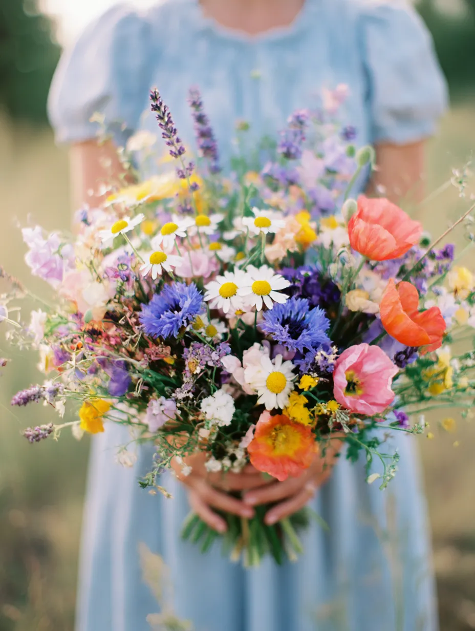 カラフルな花束の写真｜淡いブルーのドレスを着た人物が、色とりどりの花々を抱えています。ブーケにはさまざまな種類の花が混じり合い、華やかさと優雅さを同時に表現しています。自然の光が花の色を引き立て、見る者に明るいエネルギーを与えます。