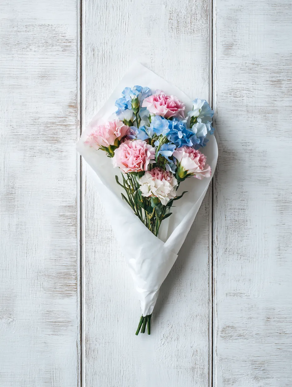 ラッピングされた花束の写真｜ピンクと青のカーネーションが、シンプルなラッピングで包まれた花束。花々の柔らかさが際立ち、清潔感のある一枚です。ラッピングされたブーケが持つ素朴で温かな魅力が、見る者を心地よい気分にさせてくれます。