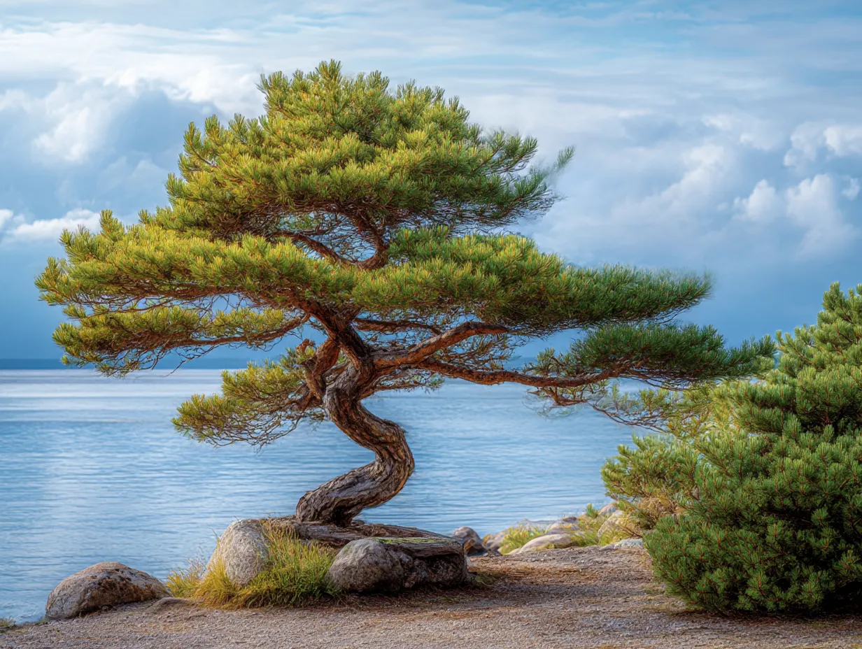 松の木：写真4｜海辺の松の木が岩の上にしなやかに立つ風景。爽やかな風を感じさせる広大な景色の中で、松の木が孤高に存在している姿が心に残る一枚です。海と松の木が調和した風景を感じさせます。
