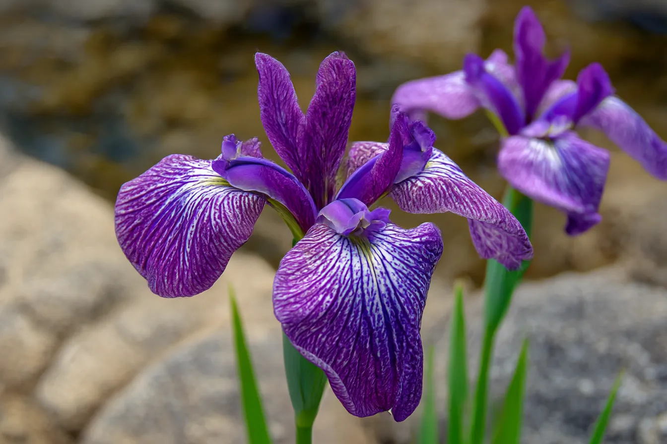 あやめの花と流れる水の美しさを捉えた写真｜紫色のあやめの花が水辺で鮮やかに咲く瞬間を捉えた写真です。自然の中で静かに咲き誇るあやめが、穏やかな水流と共に、優雅で落ち着いた雰囲気を醸し出しています。