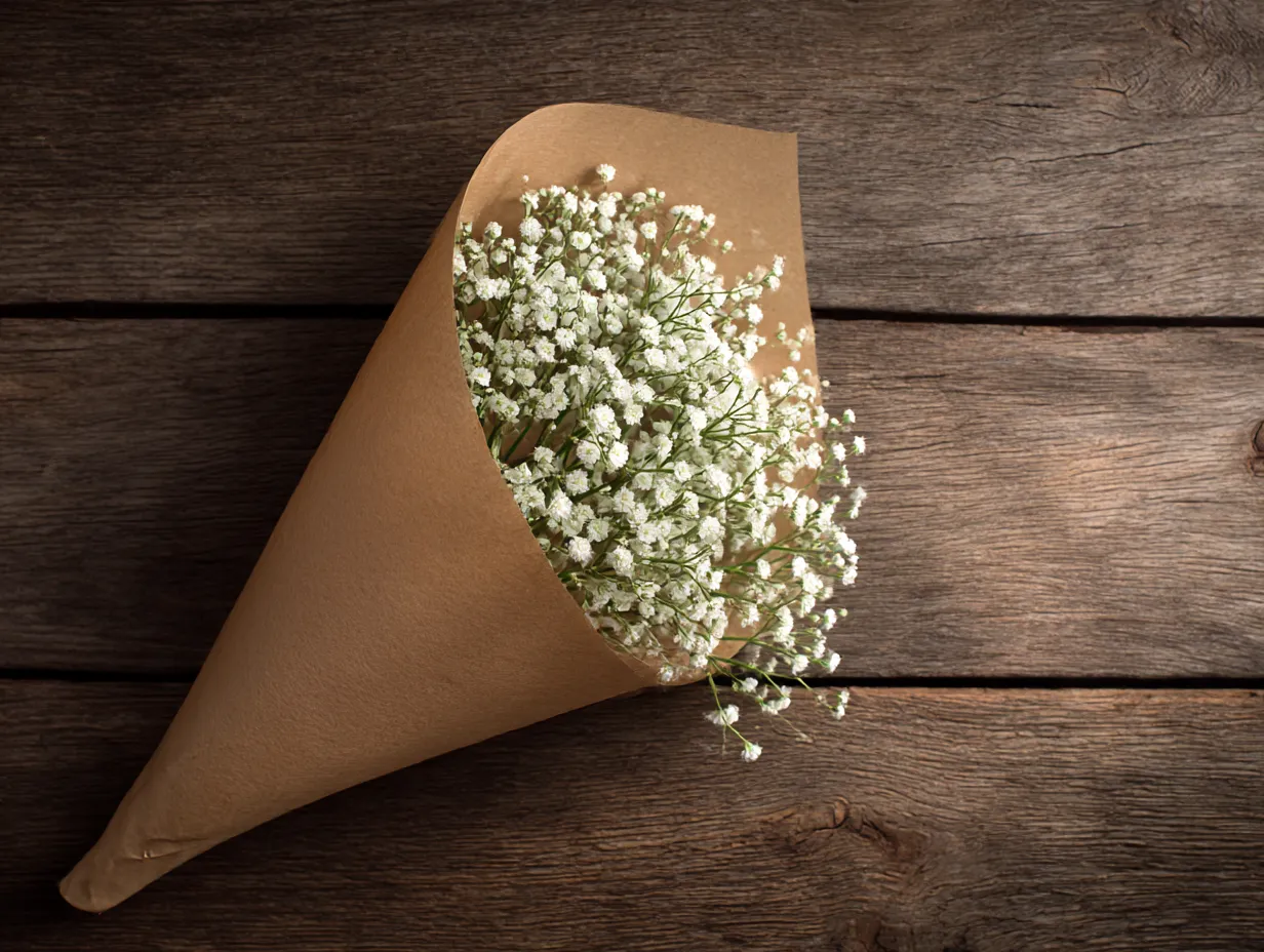 かすみ草のブーケを包んだ写真｜茶色い包装紙で包まれたかすみ草のブーケを捉えた写真です。シンプルでナチュラルな雰囲気が漂う一枚で、温かみのある木のテーブルと共に、優しい気持ちを引き出してくれます。