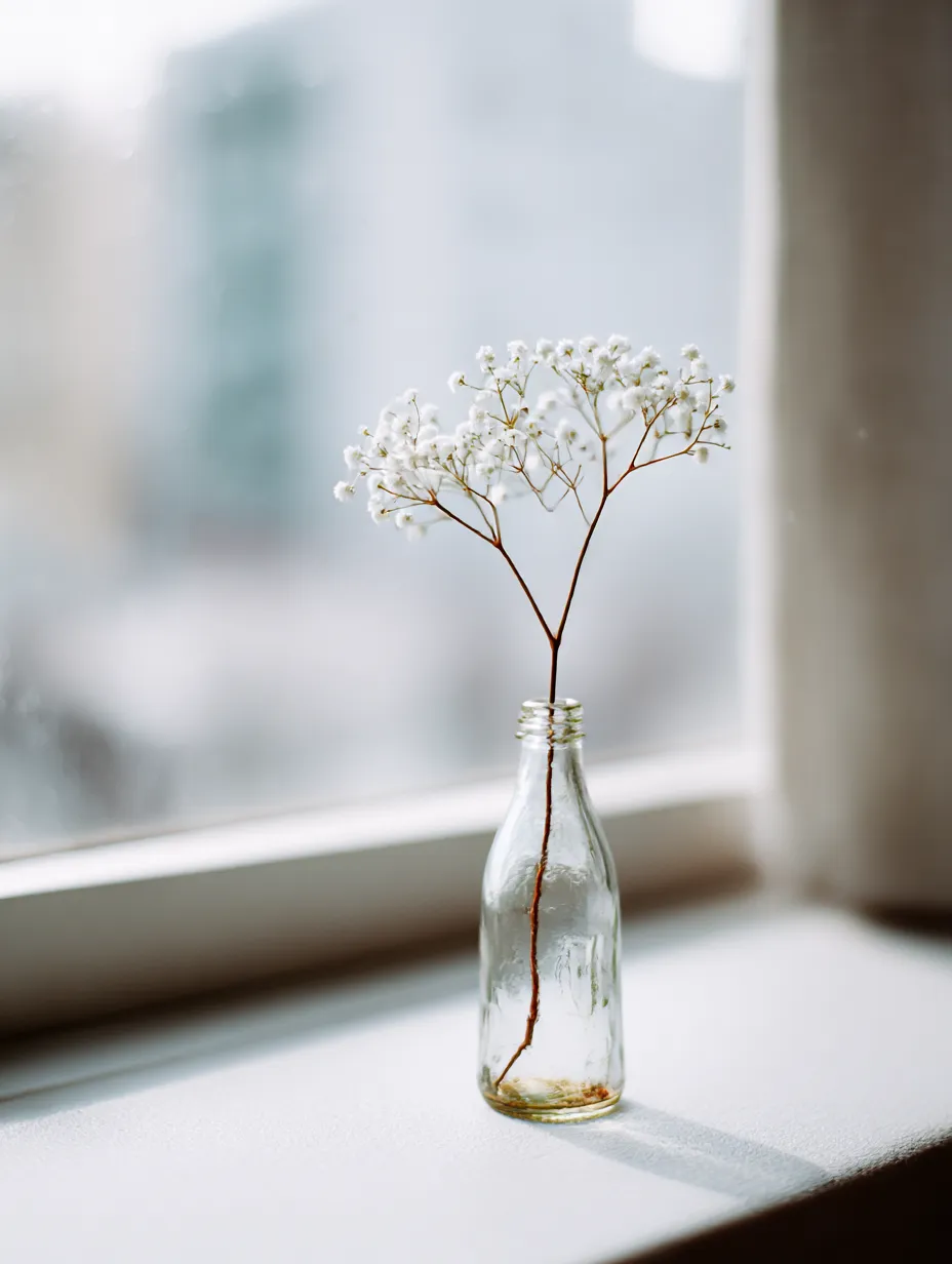 かすみ草の花を瓶に挿した写真｜ガラス瓶に挿されたかすみ草の一枝が窓際に飾られた写真です。柔らかな光が花を照らし、都会の窓から見えるぼんやりとした背景が、静かな美しさを際立たせています。