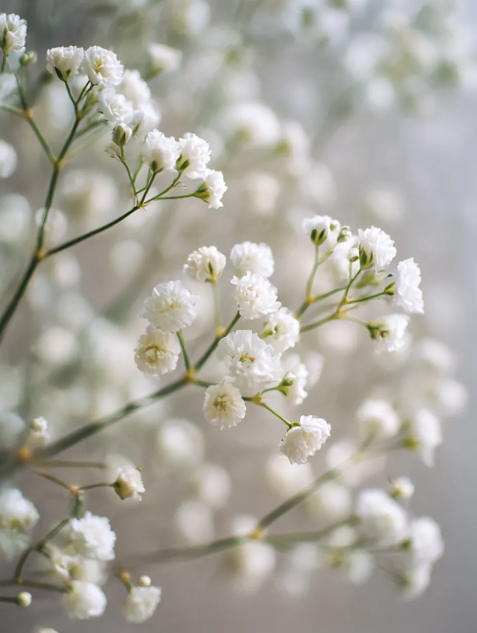 かすみ草のクローズアップ写真｜かすみ草の花を大きくクローズアップして撮影した写真です。小さな白い花々が柔らかく集まり、全体的に優しい印象を与え、見る者を癒やしてくれます。