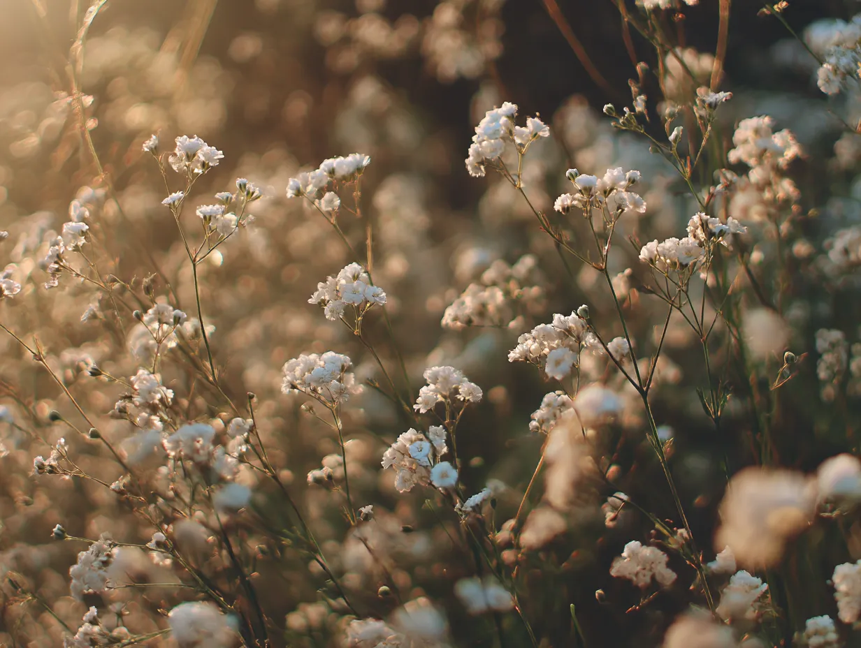 かすみ草の花が広がる写真｜風に揺れるかすみ草の花々が広がる自然の一コマを捉えた写真です。夕日の中でふんわりと広がる花々は、穏やかな時間の流れを感じさせる温かみのある風景です。