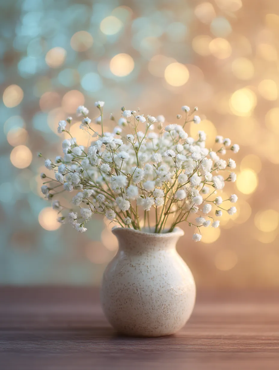 かすみ草の花を飾った花瓶の写真｜優しい色合いの花瓶にかすみ草の花を飾った写真です。背景に映る柔らかな光のボケ味が、かすみ草の純粋で繊細な美しさを引き立てています。