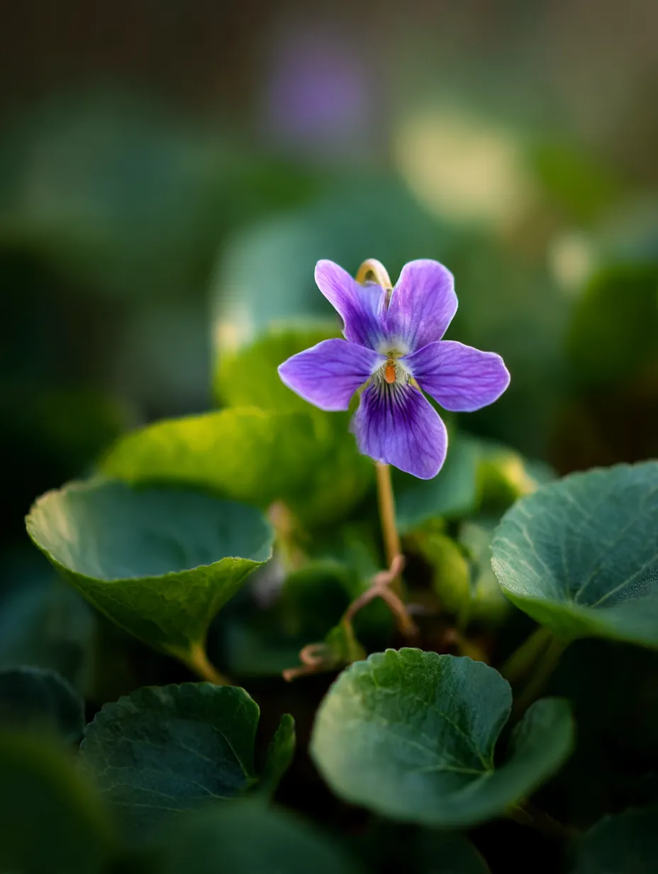 すみれの花の美しさを捉えた写真｜鮮やかな紫色のすみれの花が緑の葉の間に咲いている写真です。背景がぼやけ、すみれの花が際立つことで、花の鮮やかさと柔らかさを感じることができる一枚です。