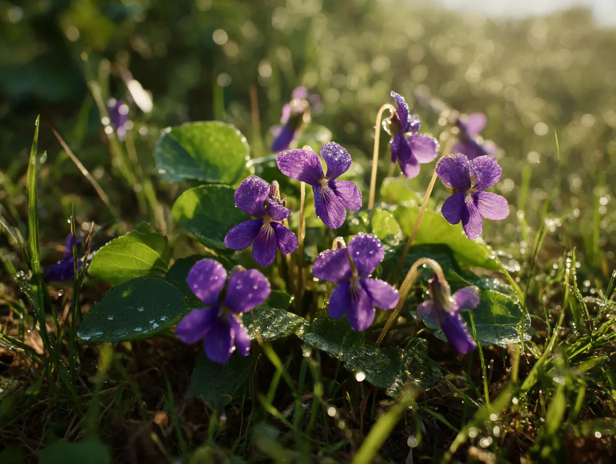 朝露を受けたすみれの花の写真｜朝の光の中、露をまとったすみれの花が輝いている写真です。清々しく新鮮な朝の空気と共に、すみれの花が放つ優しさを表現しています。