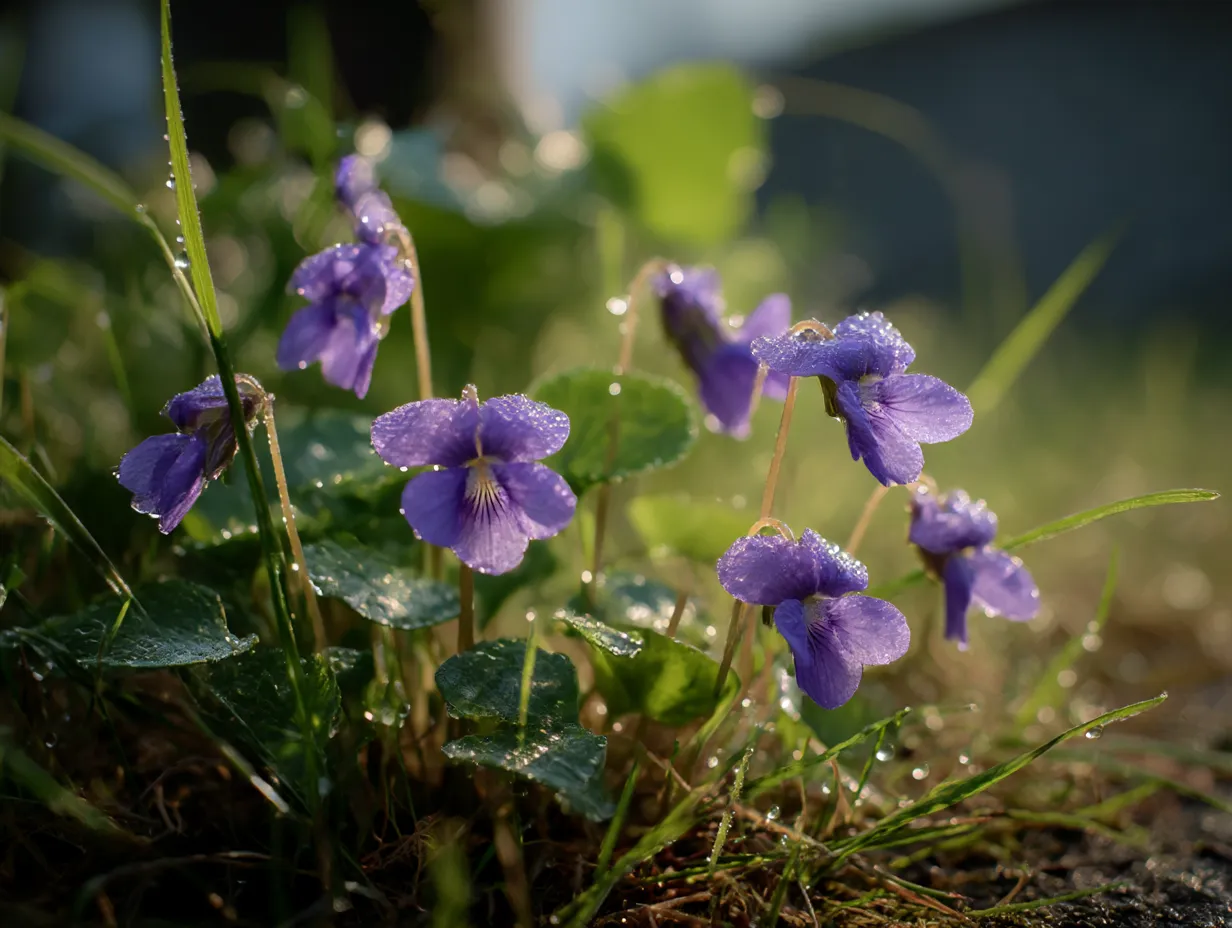 露を含むすみれの花と草の写真｜水滴をまとったすみれの花が草むらに咲く情景を捉えた写真です。自然の優美さが感じられ、露の輝きが朝の静けさを伝えています。