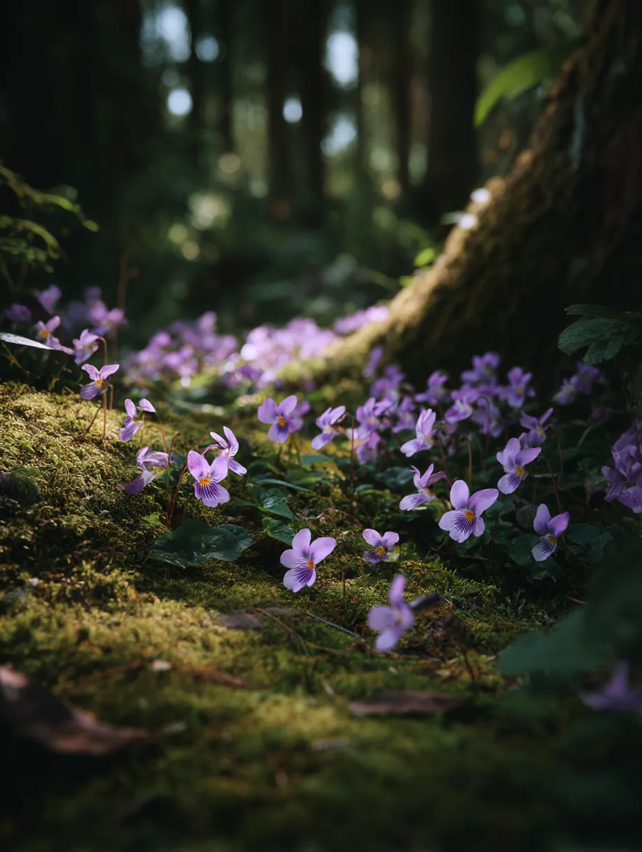 森の中に咲くすみれの花の写真｜森の中に広がるすみれの花の群生を捉えた写真です。木漏れ日が差し込む中、すみれの花が静かに咲いており、森の美しい静けさを感じさせます。