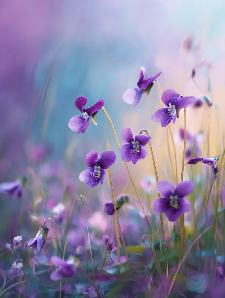 柔らかな光に包まれたすみれの花の写真｜柔らかな光に包まれたすみれの花が、幻想的な色合いを背景に美しく咲く写真です。夢のような空間の中で、すみれの花がその美しさを際立たせています。