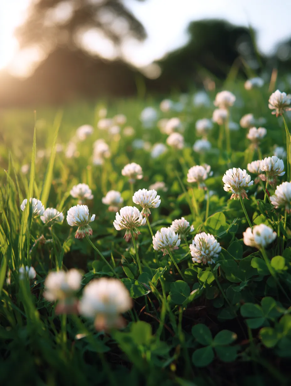 シロツメクサの咲く草原の写真｜夕日に照らされて咲くシロツメクサの花々が草原に広がる写真です。シロツメクサが点在し、自然の中で静かに共鳴する様子が、春の穏やかな風を感じさせてくれます。