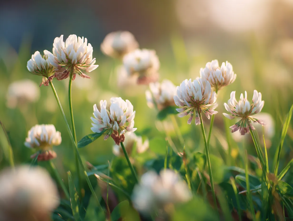 シロツメクサの花が咲く柔らかな風景の写真｜シロツメクサの花が咲き誇る風景を捉えた写真です。柔らかな光の中で、花々がゆったりと咲く姿が穏やかな春の午後を感じさせます。