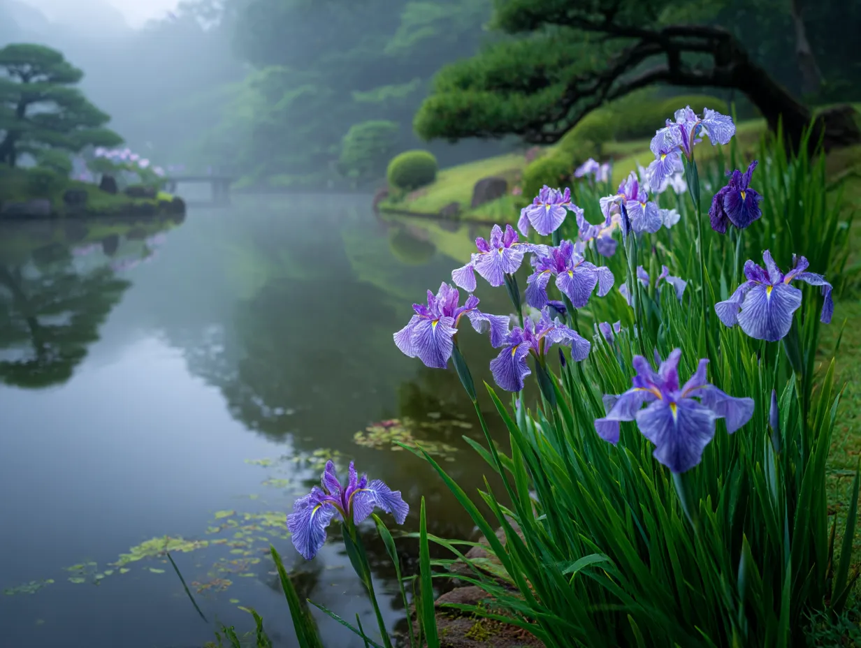 菖蒲の花が咲く庭園の写真｜霧に包まれた庭園に咲く菖蒲の花を捉えた写真です。静けさと神秘的な雰囲気の中、池の周りに咲く菖蒲の花が一層その美しさを際立たせています。
