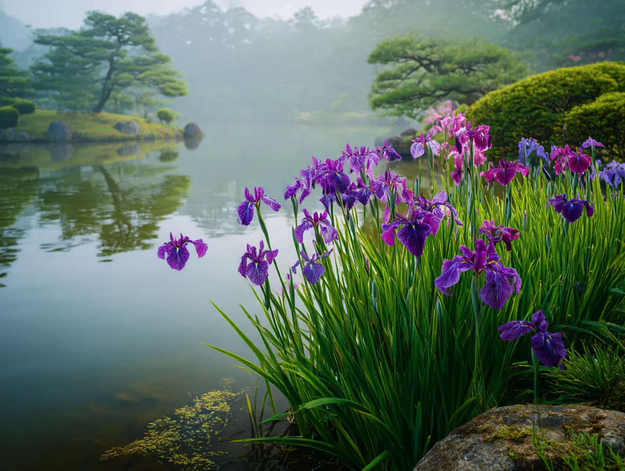 菖蒲の花が池のほとりに咲く写真｜池のほとりで咲く菖蒲の花々を捉えた写真です。優雅な姿が池に映り込み、幻想的な雰囲気を醸し出しています。朝の静けさが美しい風景に広がり、心を癒やします。