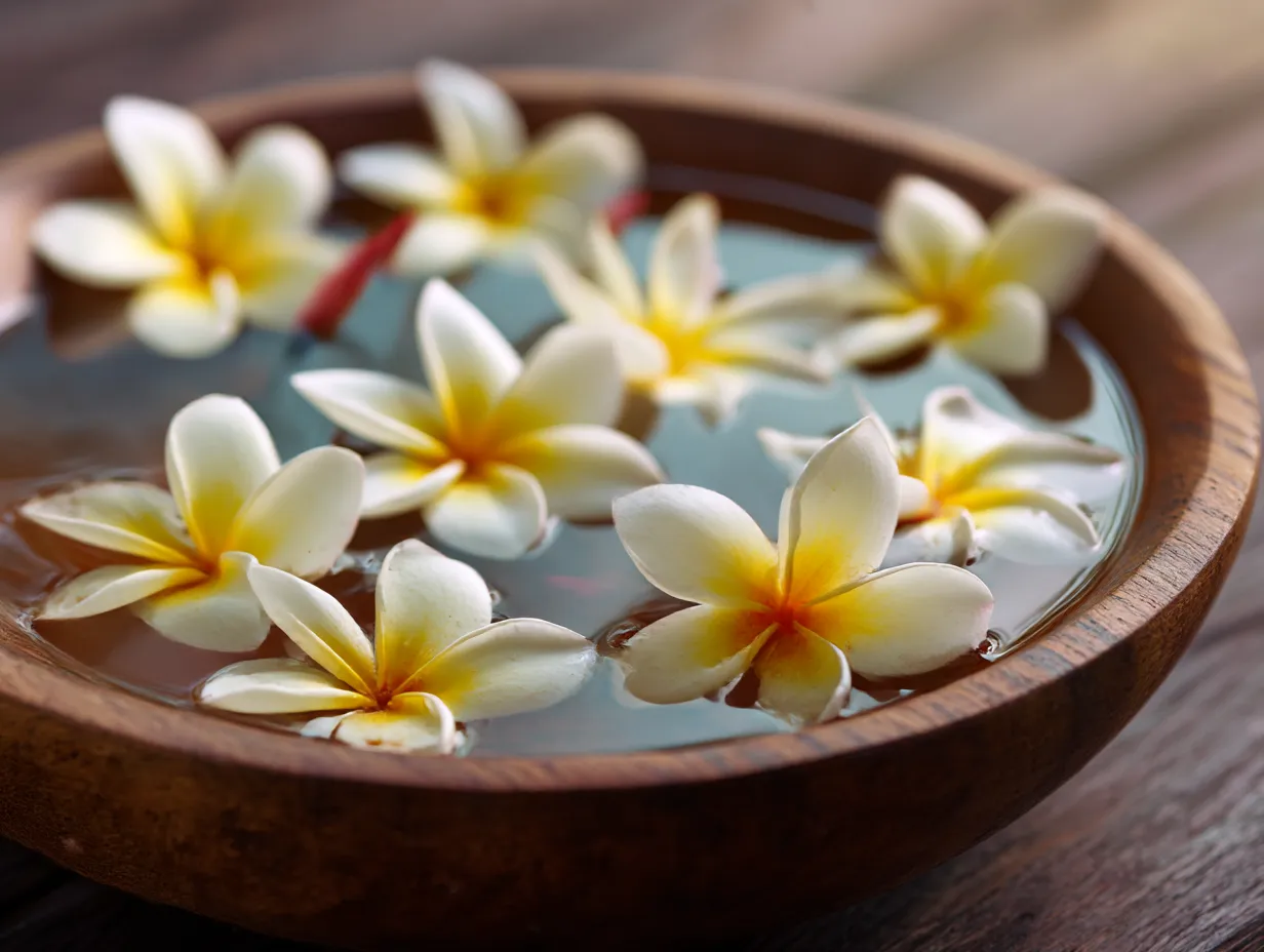 プルメリアの花と静かな水面｜白と黄色のプルメリアの花が、木製の器に浮かんでいる風景です。静かで落ち着いた雰囲気が漂い、リラックスした時間を感じさせます。優しい色合いと静けさが感じられるプルメリアの写真です。