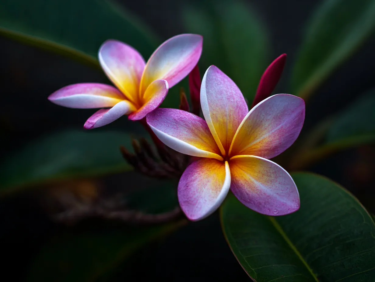 プルメリアの美しい色合い｜ピンクと黄色が混じり合うプルメリアの花が、暗い背景の中で鮮やかに映えています。色鮮やかな花々が目を引き、力強さと優美さを感じさせる素晴らしい写真です。プルメリアが生き生きとした美しさを表現しています。