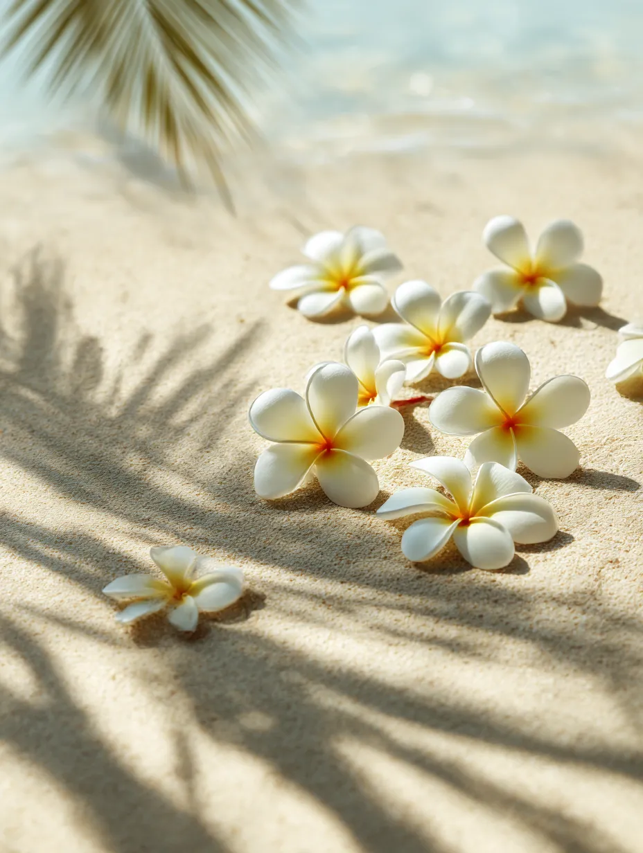 プルメリアの花と影のコントラスト｜砂浜に落ちた白いプルメリアの花々が、長い影とともに映し出されています。背後のパームツリーの影が、リラックスした夏の雰囲気を作り出し、自然の中での平和な瞬間が感じられる写真です。プルメリアが穏やかな美しさを放っています。