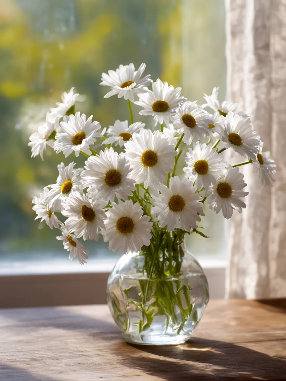 マーガレットの花々が描く静かな美しさ｜ガラスの花瓶に活けられたマーガレットの花々が、柔らかな光を浴びて優雅に映えています。この写真は、部屋の静けさとマーガレットの花の優美さをしっかりと伝えています。